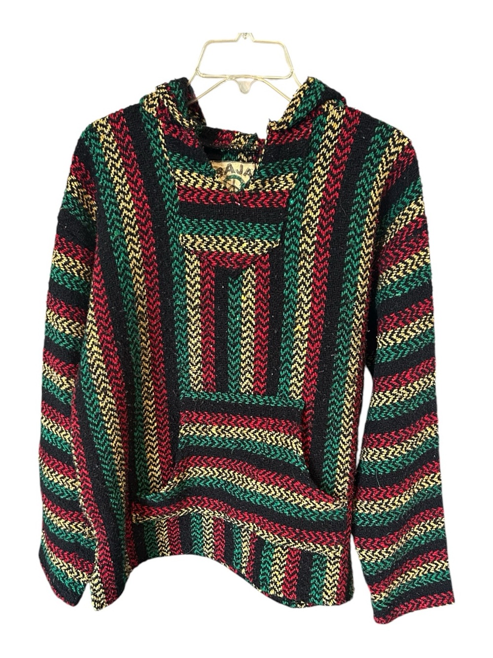 Baja Hoodie Mexican Drug Rug Pullover Hoodie Sz M Woven Hippie Festival RAINBOW